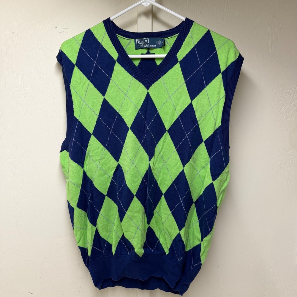 Polo Ralph Lauren Mens Argyle Sweater Vest Green Navy Blue V-Neck Cotton Large